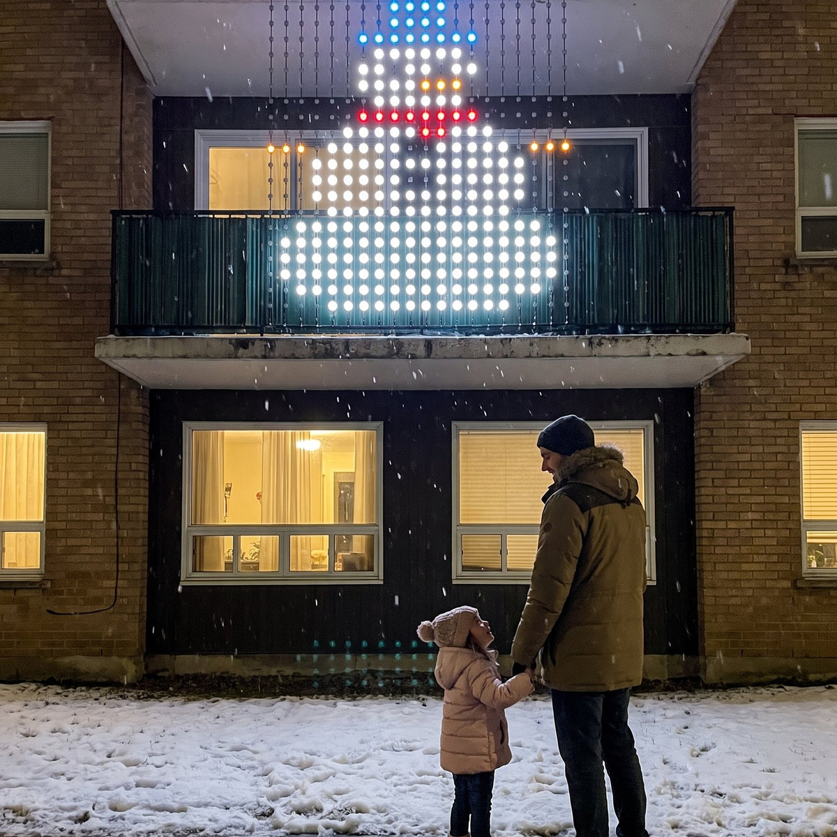 Dad and daughter on the sidewalk looking up at the snowman on their balcony