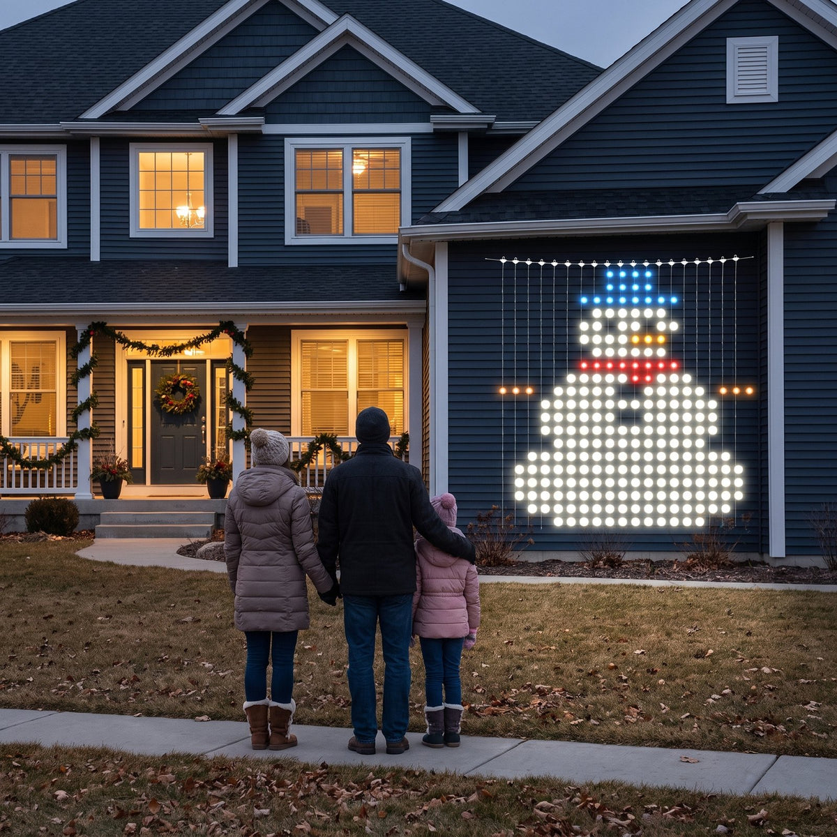 A family on the sidewalk looking at a snowman made of LED dots on the wall of their house