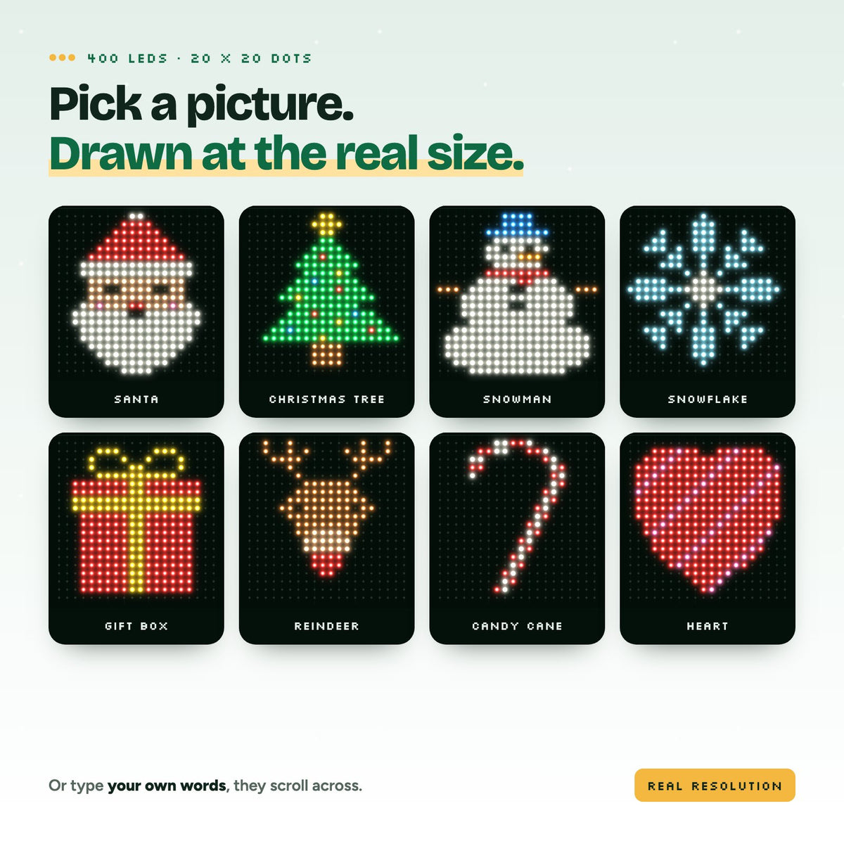 Eight Christmas pictures drawn at the real 20 by 20 dot size of the curtain