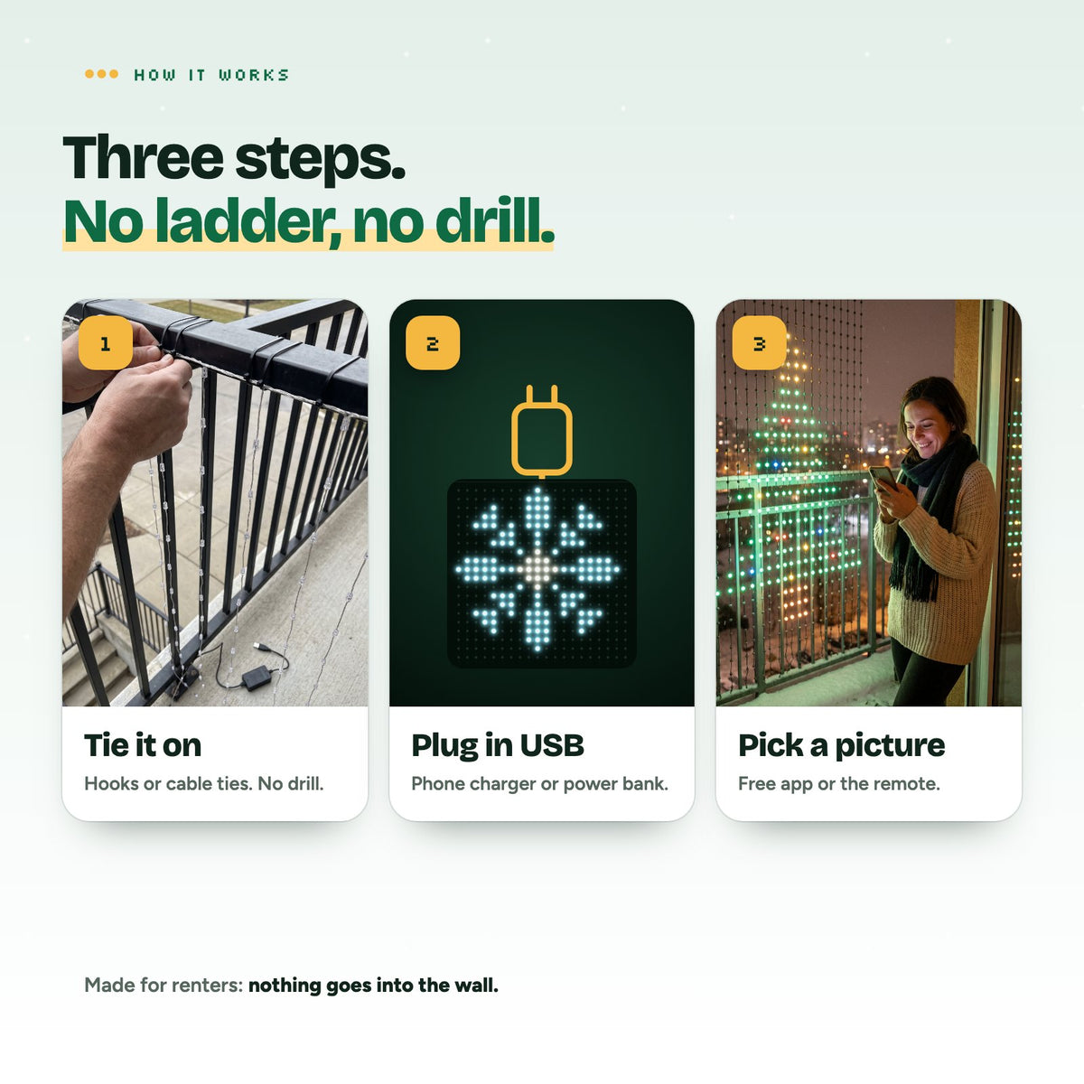 How it works: tie it on, plug it into USB, pick a picture on your phone