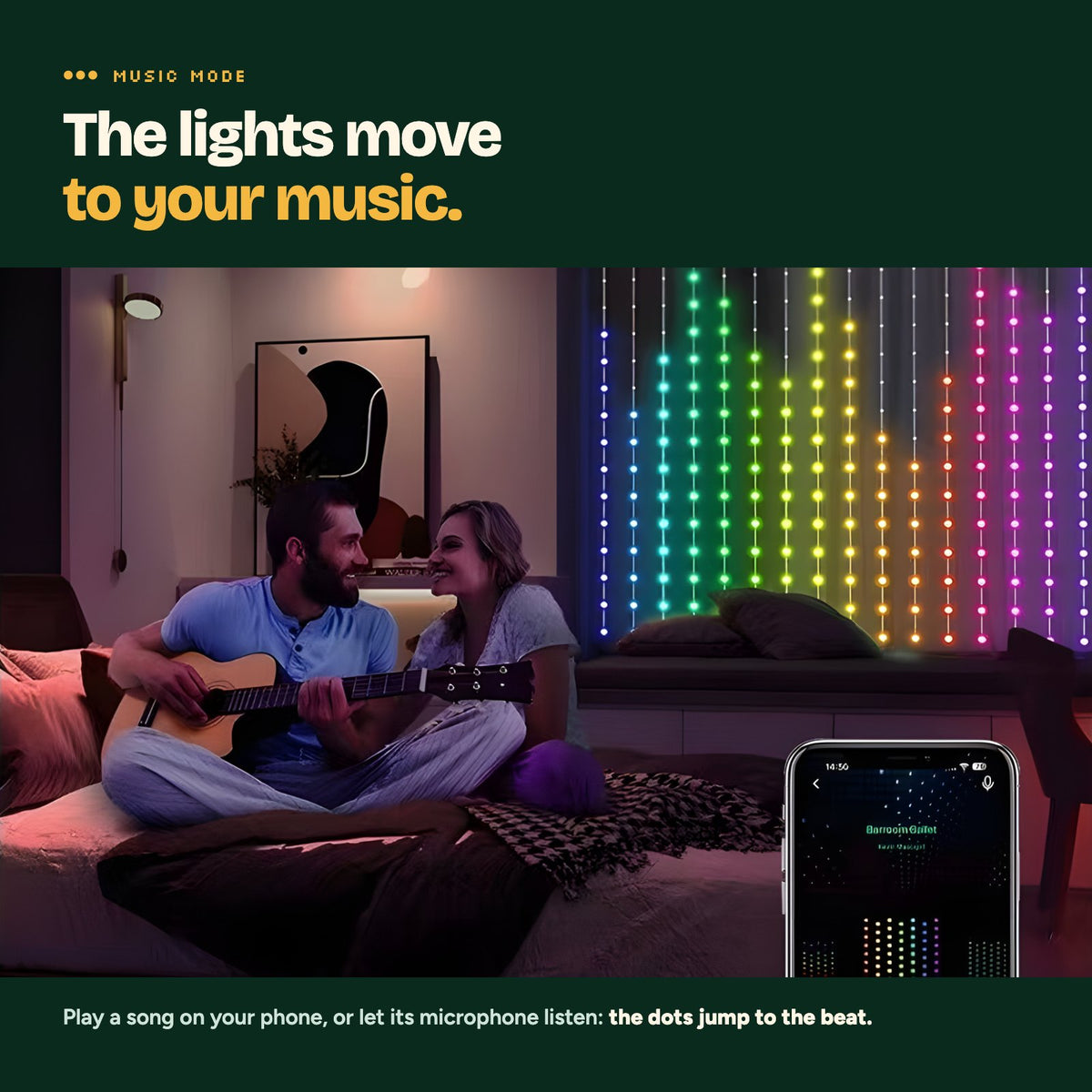 Music mode: the LED curtain moves to a song in a living room