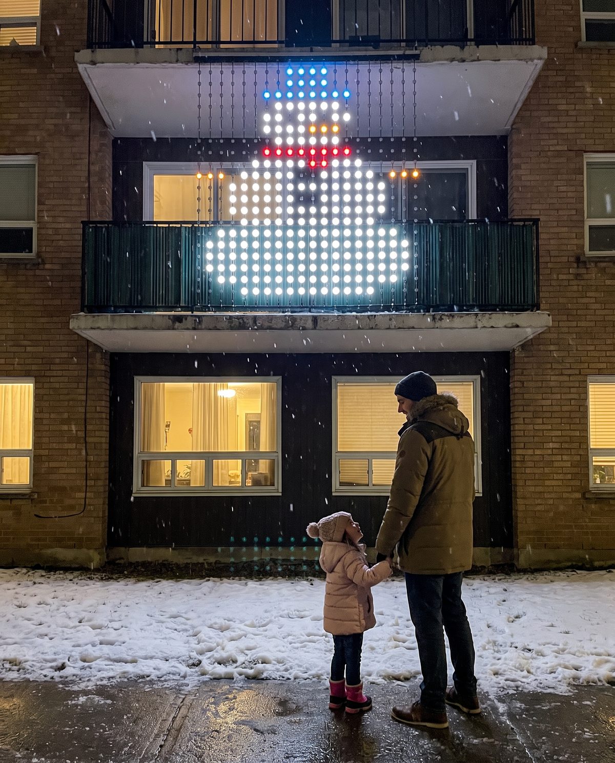 Seen from the sidewalk: A snowman waiting for the kids on the way home.