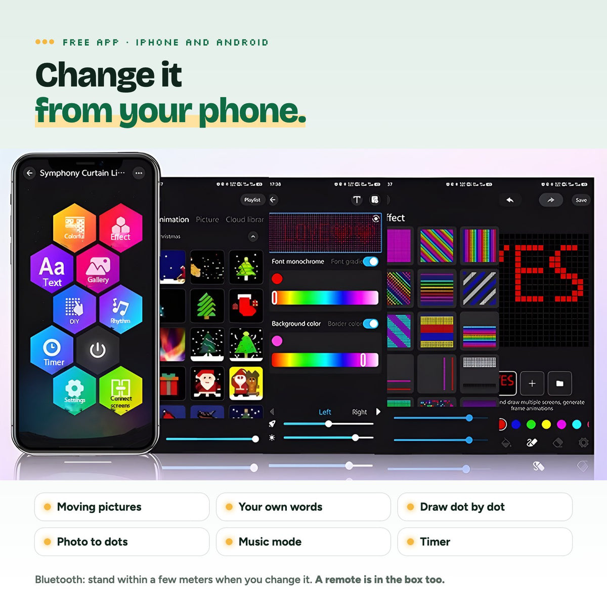 The free phone app: moving pictures, your own words, draw dot by dot, photo to dots, music mode and timer