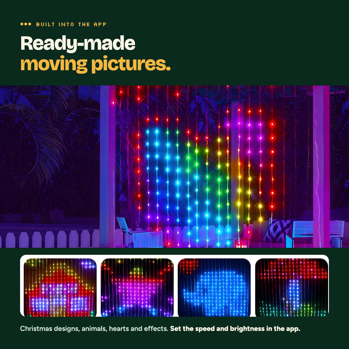 Ready-made moving pictures from the app playing on an LED curtain
