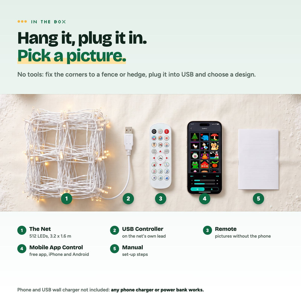 In the box: the net, the USB controller, the remote and the manual, plus control from the free phone app