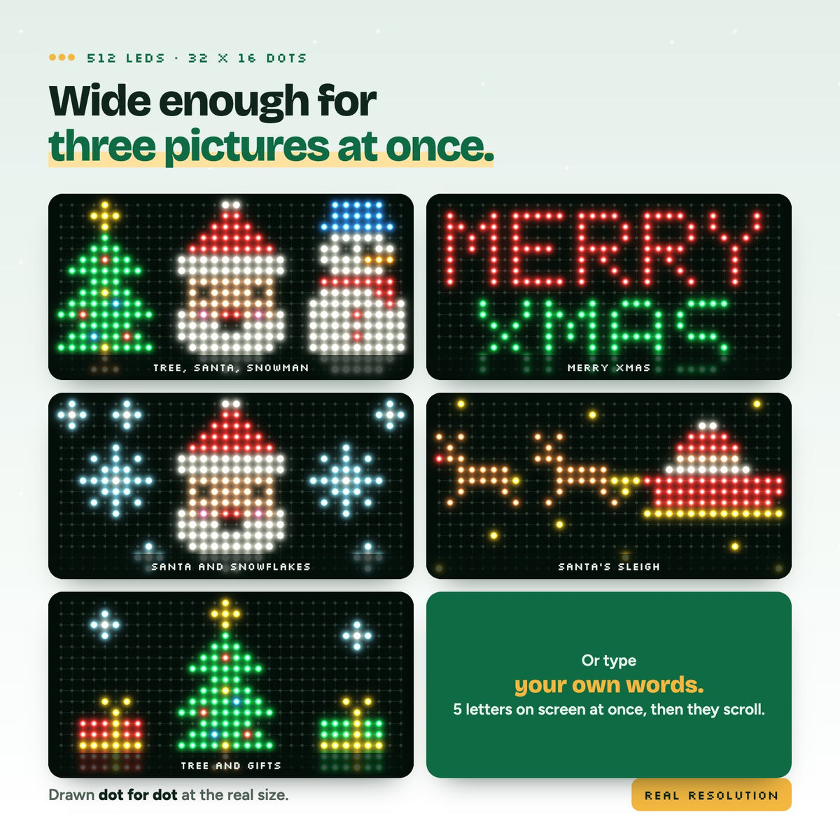 Christmas pictures drawn at the real 32 by 16 dot size of the net