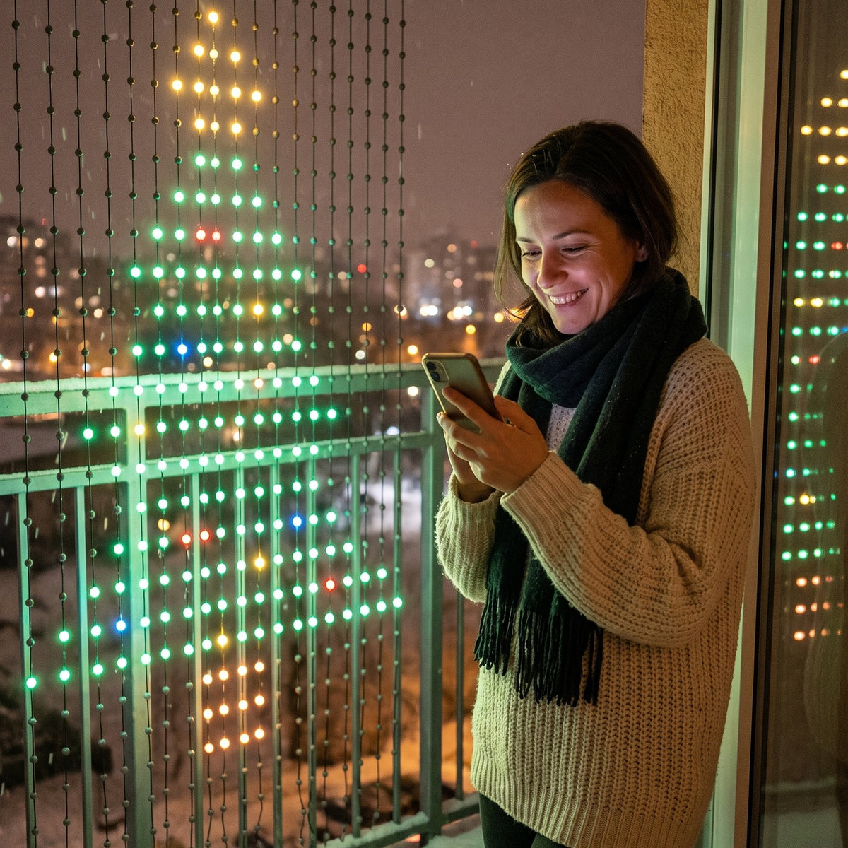 Woman on her balcony changing the picture on her phone, the curtain shows a Christmas tree