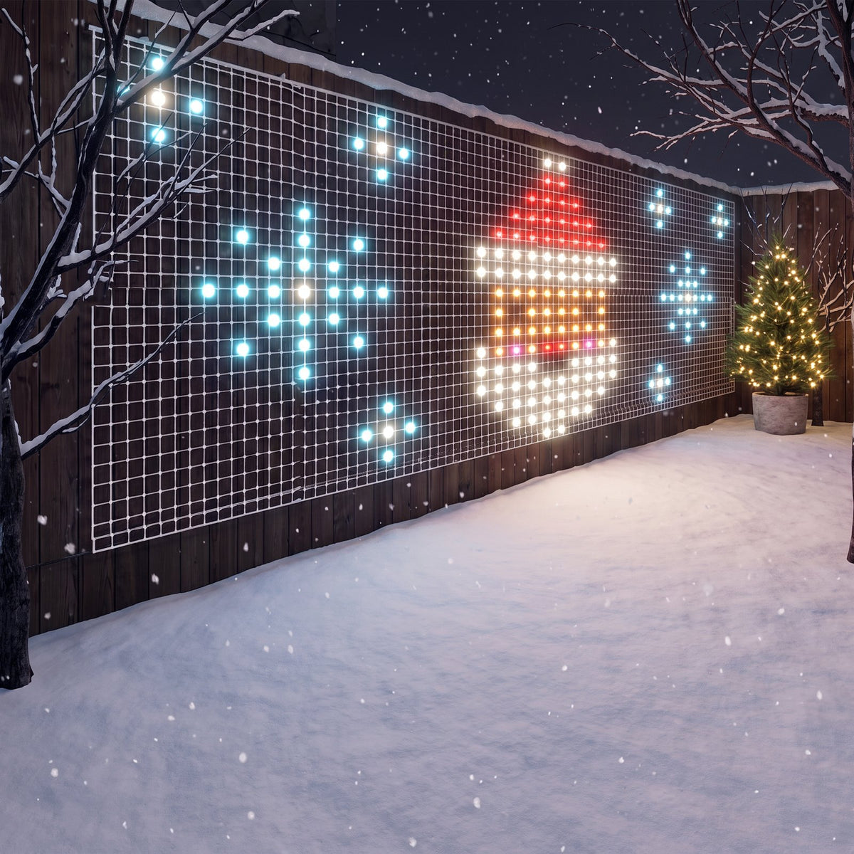 The XL net stretched along a snowy wooden fence at night, showing Santa and snowflakes in LED dots