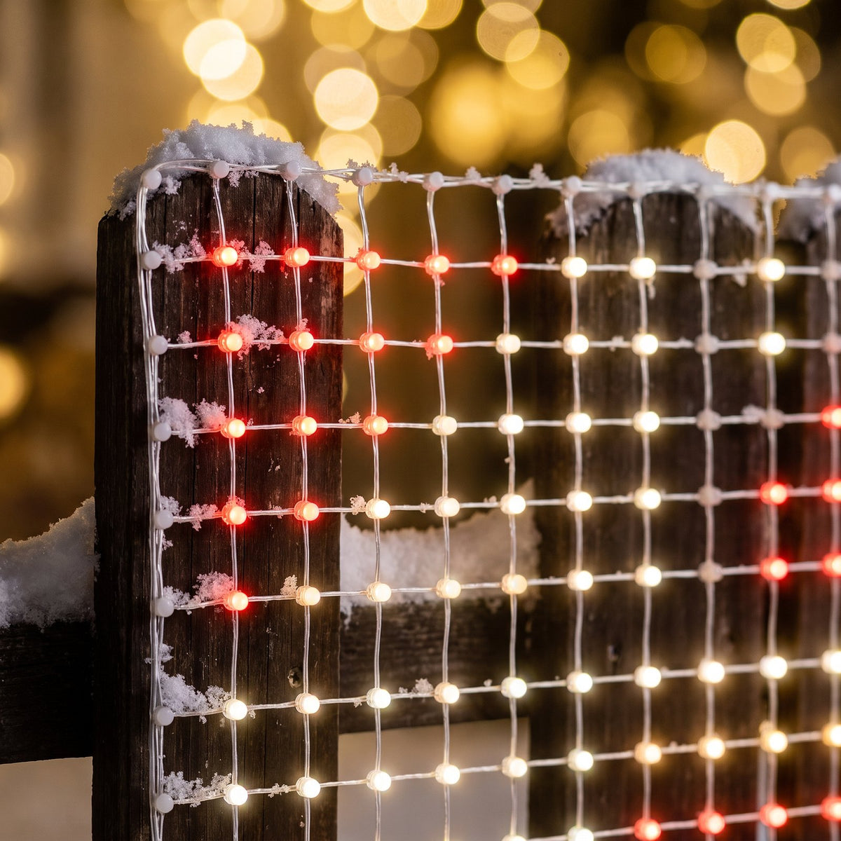 Close-up of the white wire grid with an LED bead at every crossing and snow on the wires