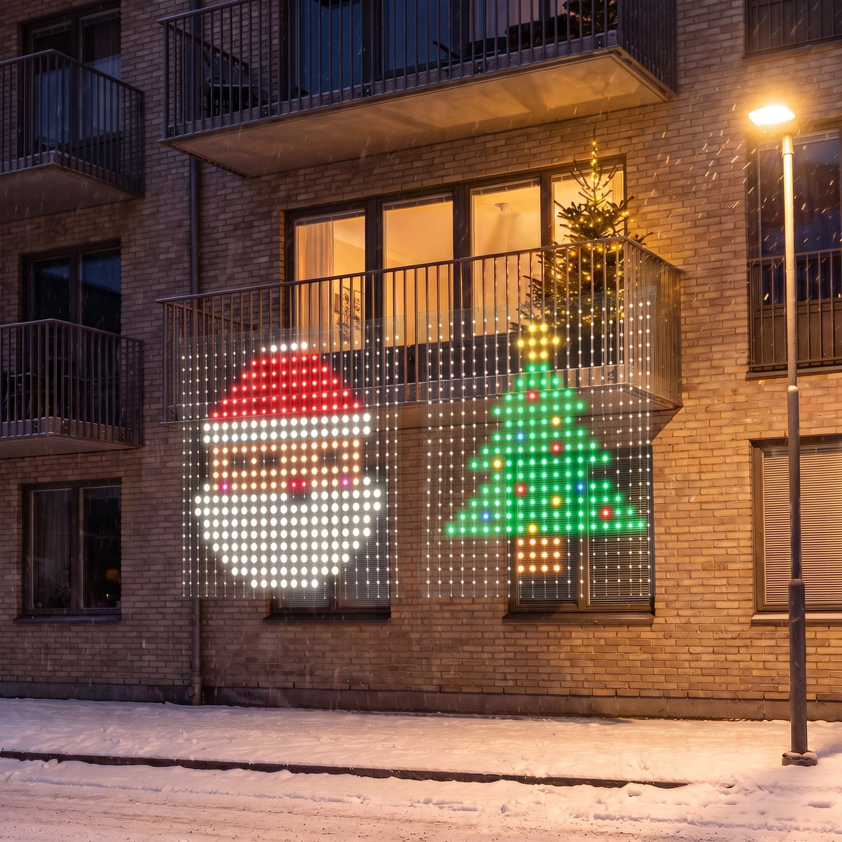 Two curtains side by side on a wide balcony railing, one showing Santa and one a Christmas tree