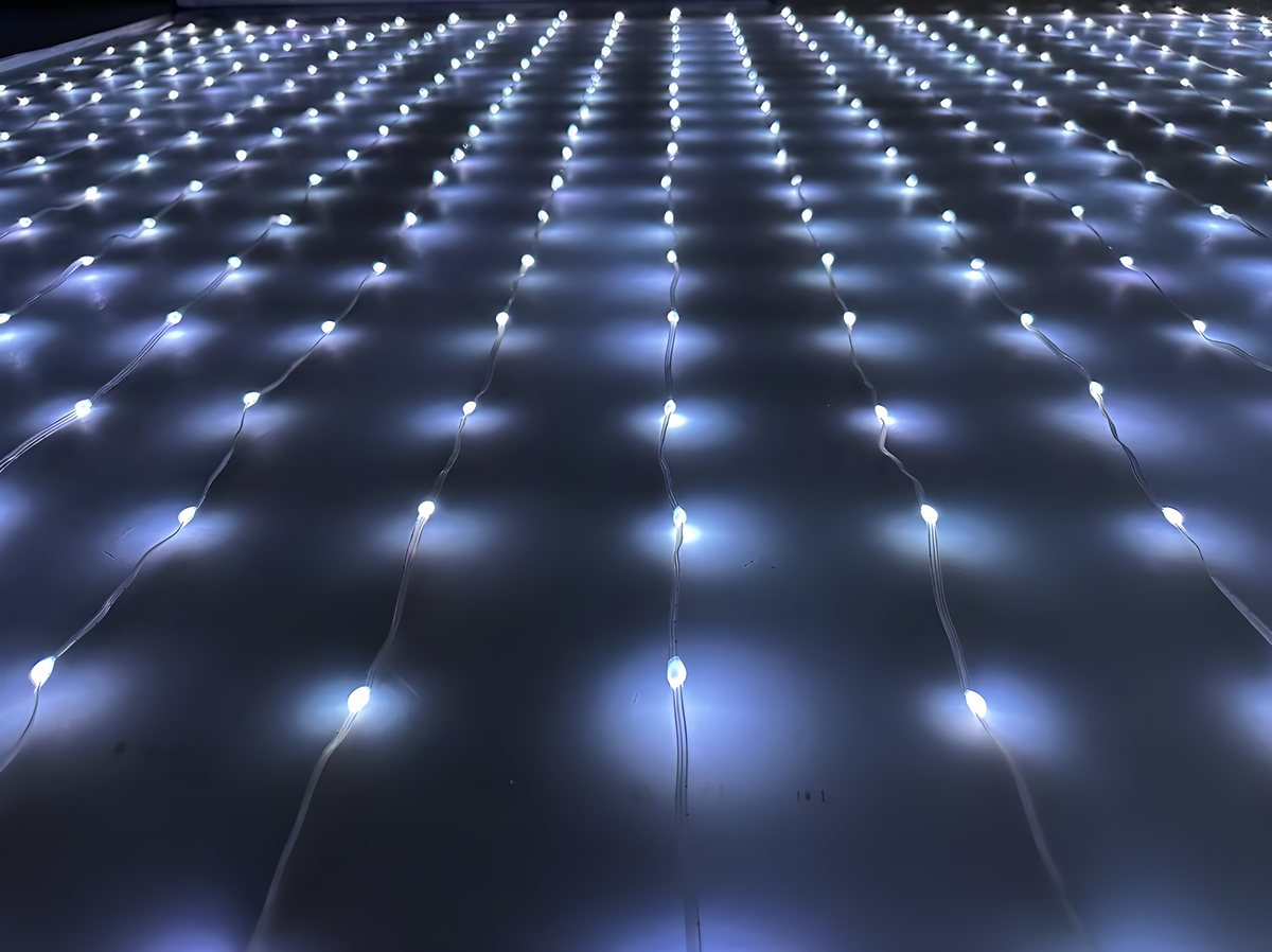 Real photo: Close-up, 20 strands of 20 LEDs, lit in white.